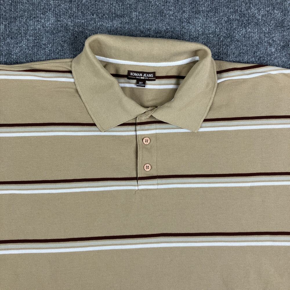 Koman Jeans Polo Mens Size 3XT Tan Brown Striped Casual Classic Fit Short Sleeve